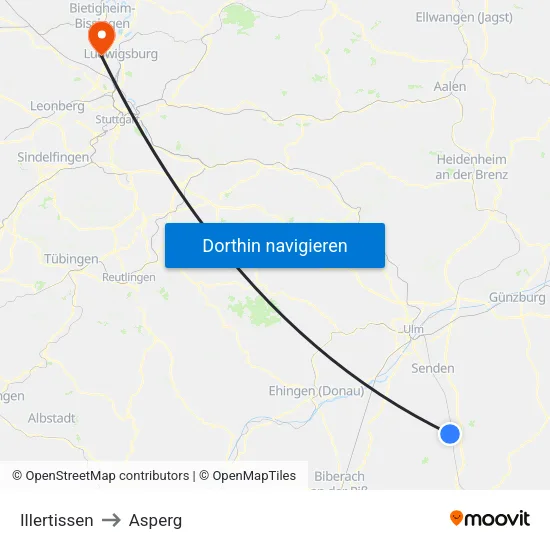 Illertissen to Asperg map