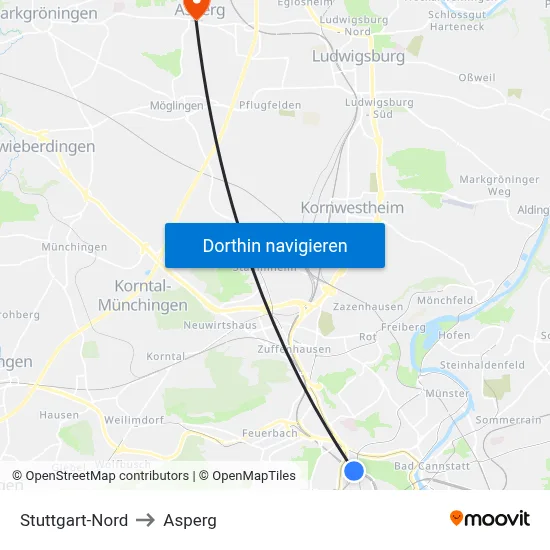 Stuttgart-Nord to Asperg map