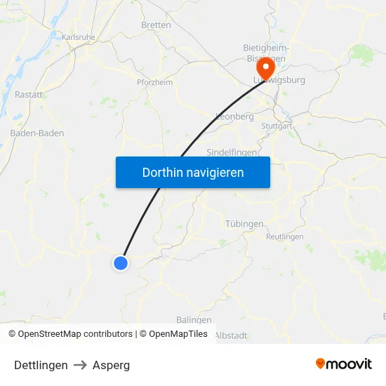 Dettlingen to Asperg map
