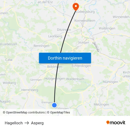 Hagelloch to Asperg map