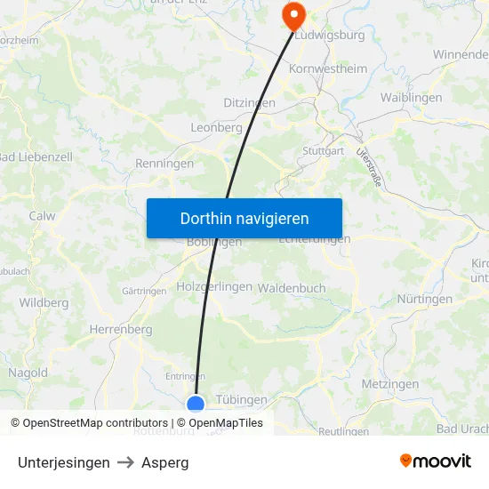 Unterjesingen to Asperg map