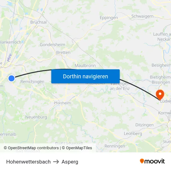Hohenwettersbach to Asperg map