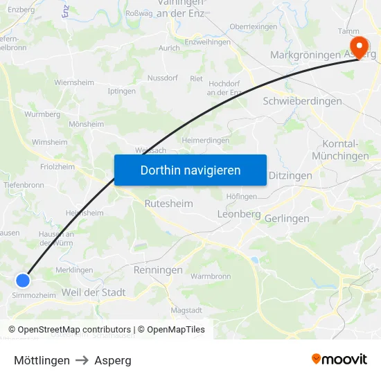 Möttlingen to Asperg map