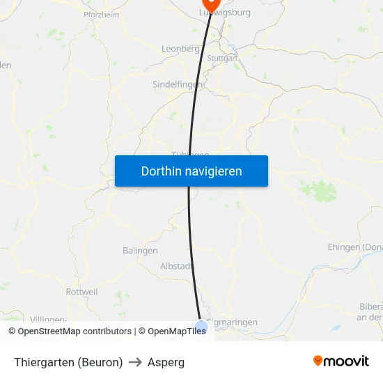 Thiergarten (Beuron) to Asperg map