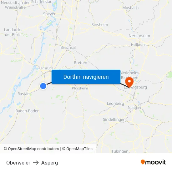 Oberweier to Asperg map