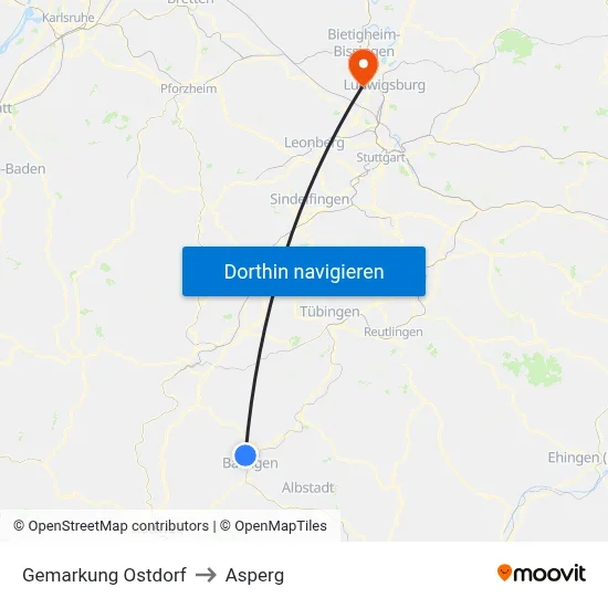 Gemarkung Ostdorf to Asperg map