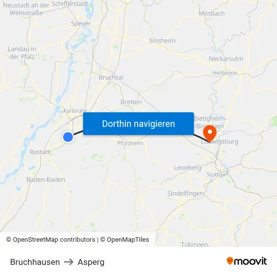 Bruchhausen to Asperg map