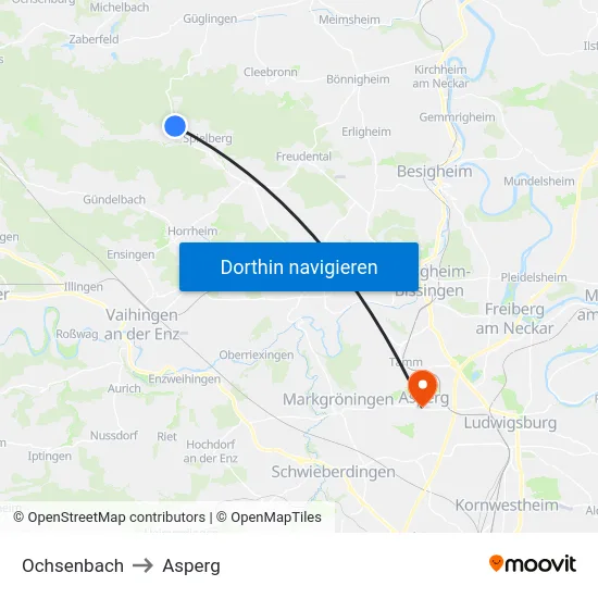 Ochsenbach to Asperg map