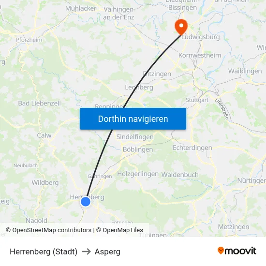 Herrenberg (Stadt) to Asperg map