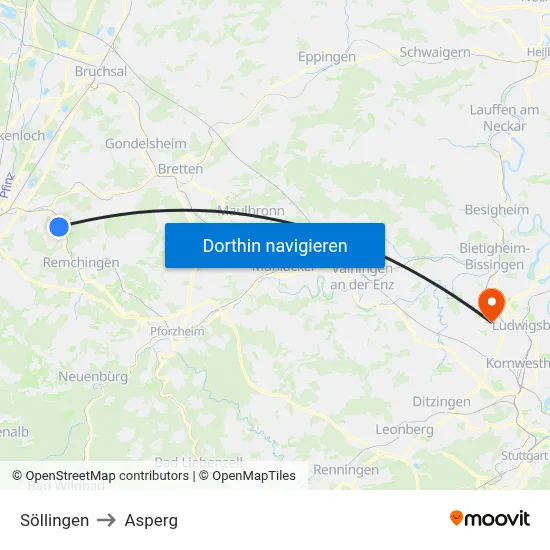 Söllingen to Asperg map
