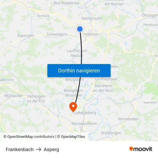 Frankenbach to Asperg map