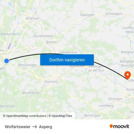 Wolfartsweier to Asperg map