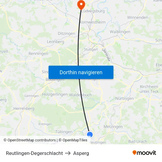 Reutlingen-Degerschlacht to Asperg map