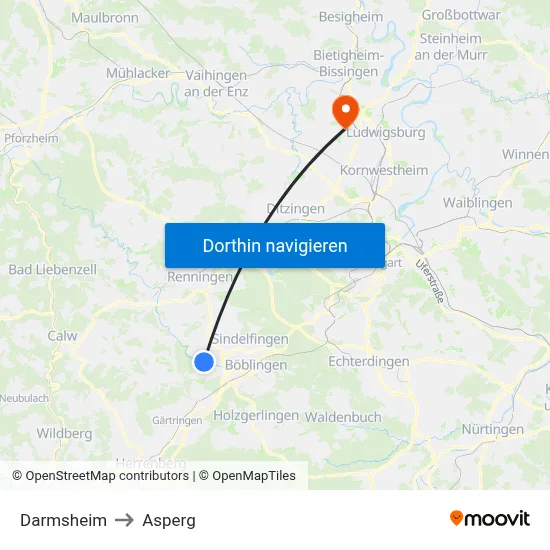 Darmsheim to Asperg map