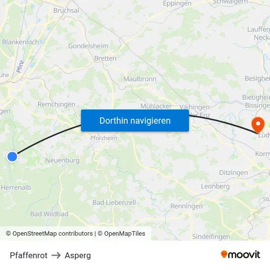 Pfaffenrot to Asperg map