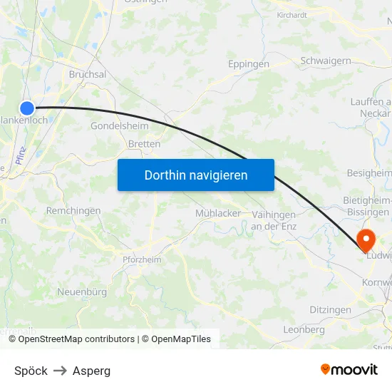 Spöck to Asperg map