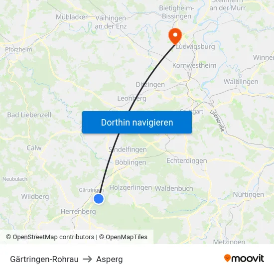 Gärtringen-Rohrau to Asperg map