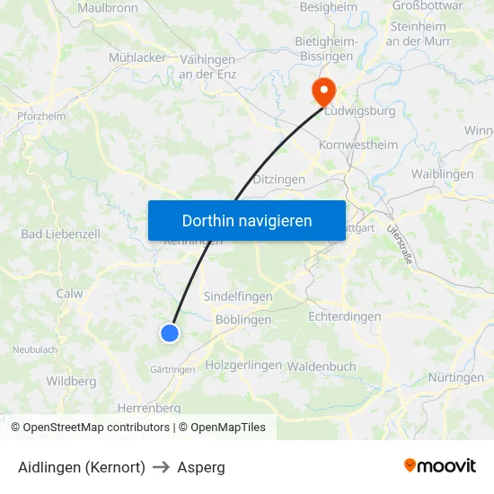 Aidlingen (Kernort) to Asperg map