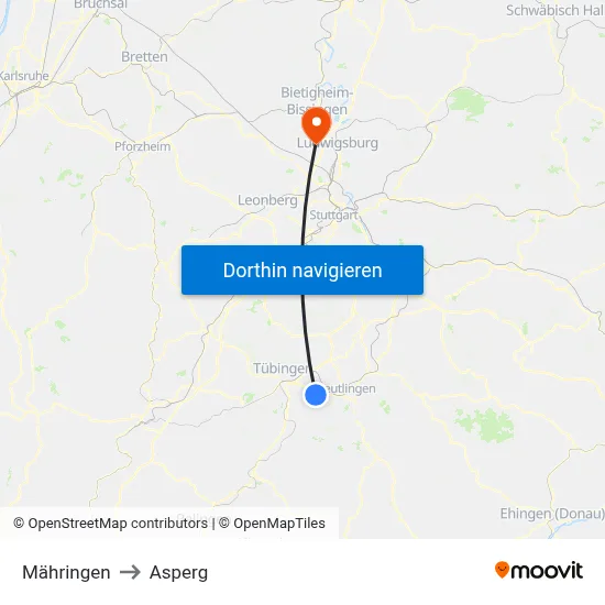 Mähringen to Asperg map