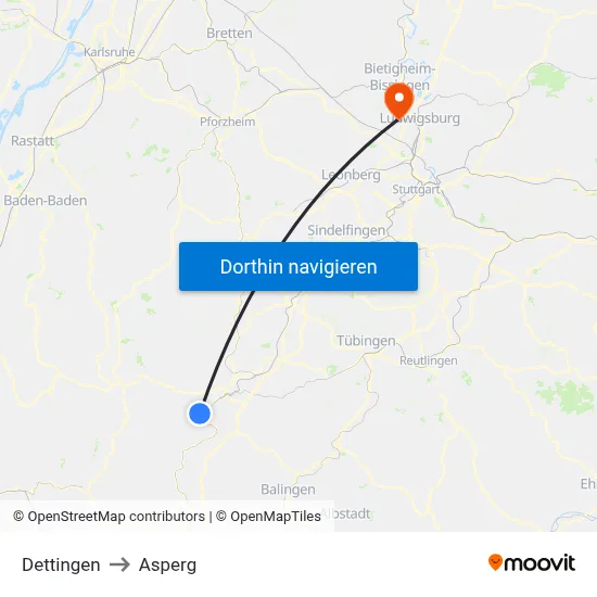 Dettingen to Asperg map