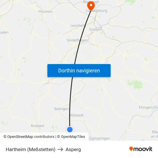 Hartheim (Meßstetten) to Asperg map