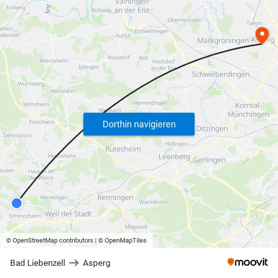 Bad Liebenzell to Asperg map