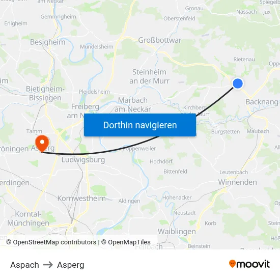 Aspach to Asperg map