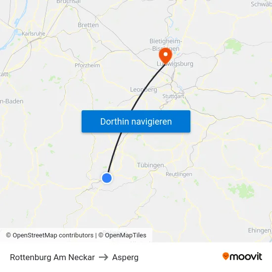 Rottenburg Am Neckar to Asperg map