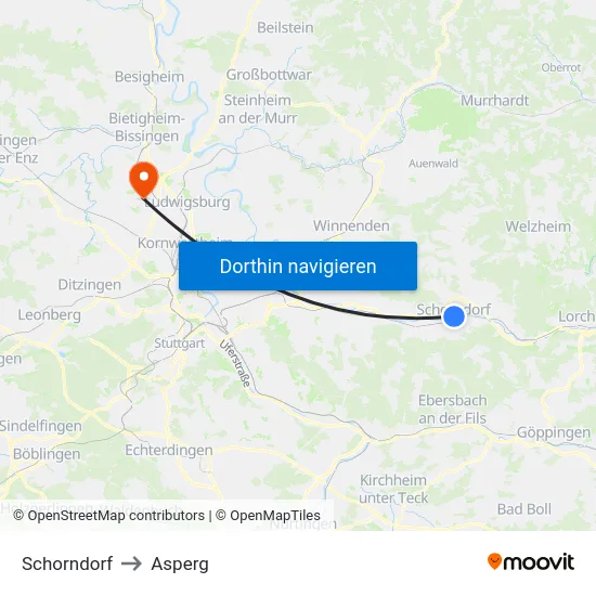 Schorndorf to Asperg map