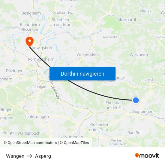 Wangen to Asperg map