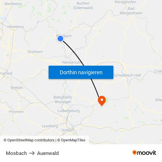 Mosbach to Auenwald map