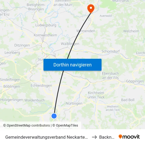Gemeindeverwaltungsverband Neckartenzlingen to Backnang map