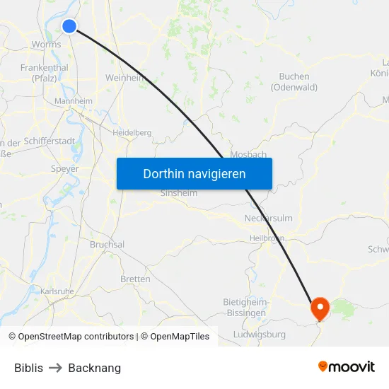 Biblis to Backnang map