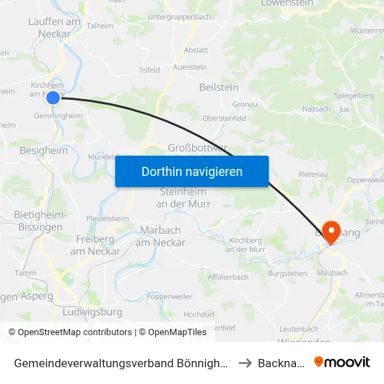 Gemeindeverwaltungsverband Bönnigheim to Backnang map