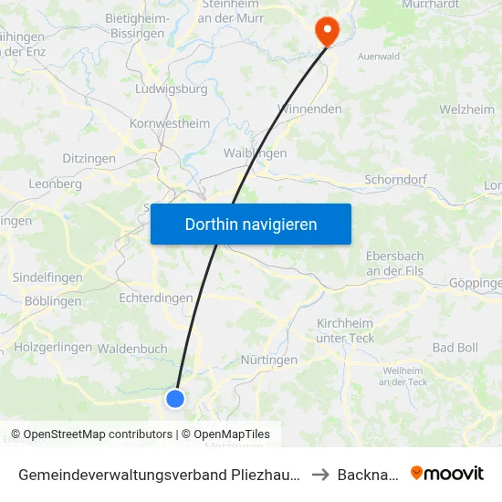 Gemeindeverwaltungsverband Pliezhausen to Backnang map