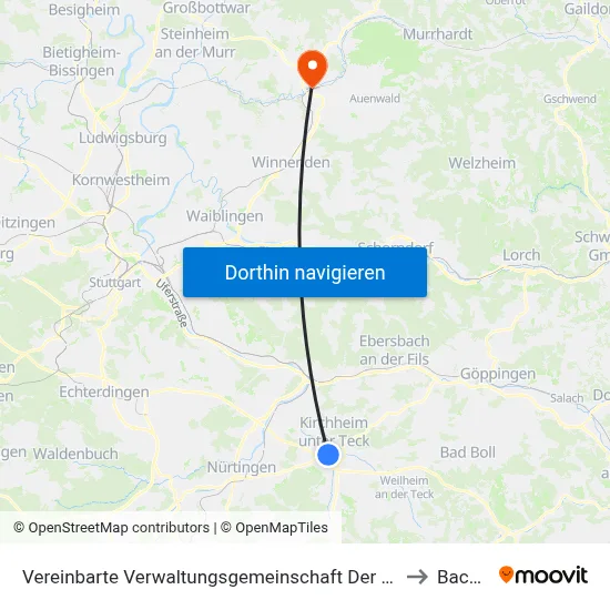 Vereinbarte Verwaltungsgemeinschaft Der Stadt Kirchheim Unter Teck to Backnang map
