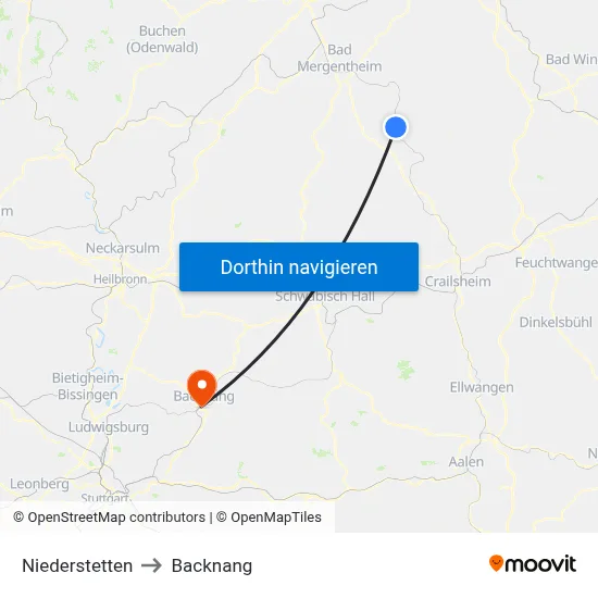 Niederstetten to Backnang map
