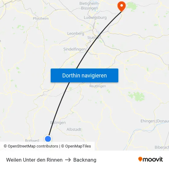 Weilen Unter den Rinnen to Backnang map
