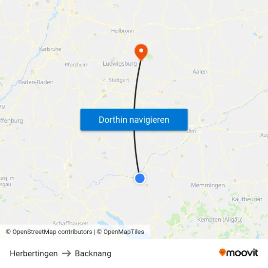 Herbertingen to Backnang map