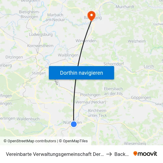 Vereinbarte Verwaltungsgemeinschaft Der Stadt Nürtingen to Backnang map