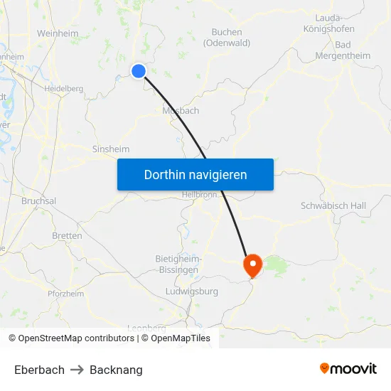 Eberbach to Backnang map