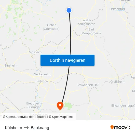 Külsheim to Backnang map