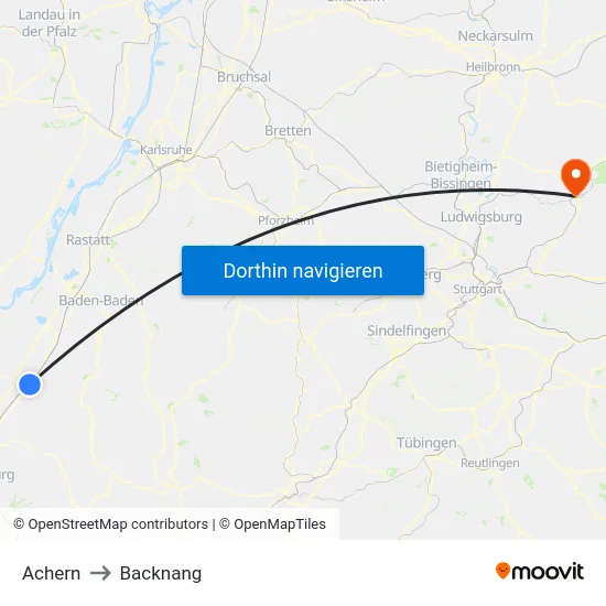 Achern to Backnang map
