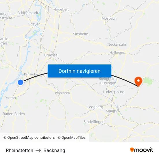 Rheinstetten to Backnang map