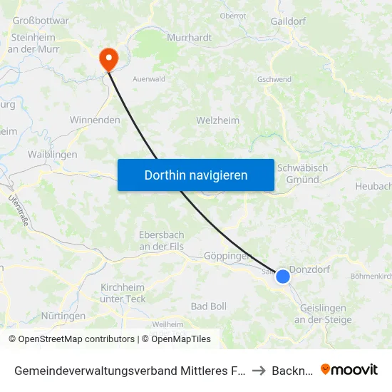 Gemeindeverwaltungsverband Mittleres Fils-Lautertal to Backnang map