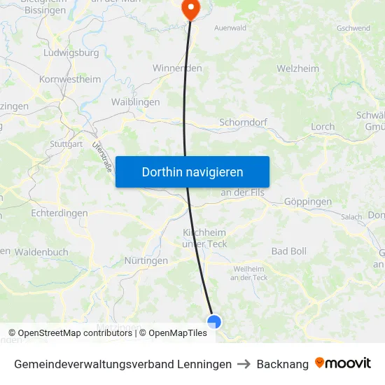 Gemeindeverwaltungsverband Lenningen to Backnang map