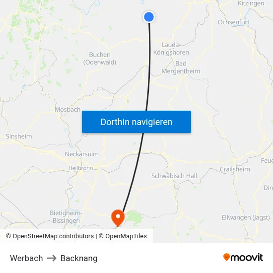 Werbach to Backnang map