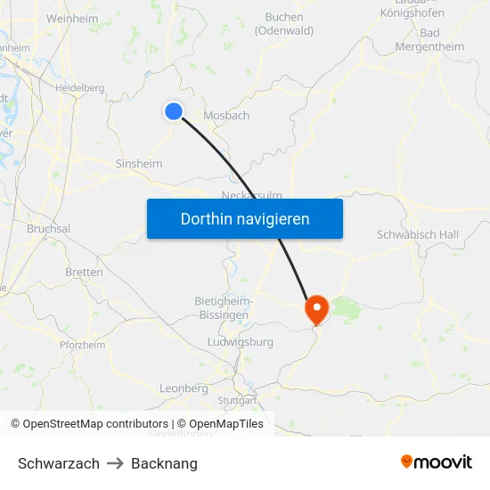 Schwarzach to Backnang map