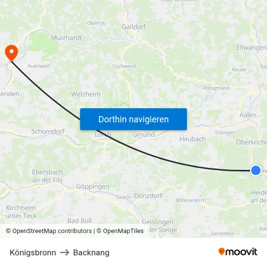 Königsbronn to Backnang map