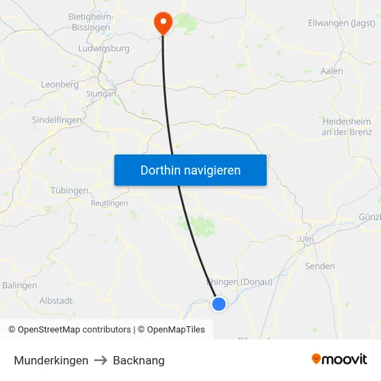Munderkingen to Backnang map